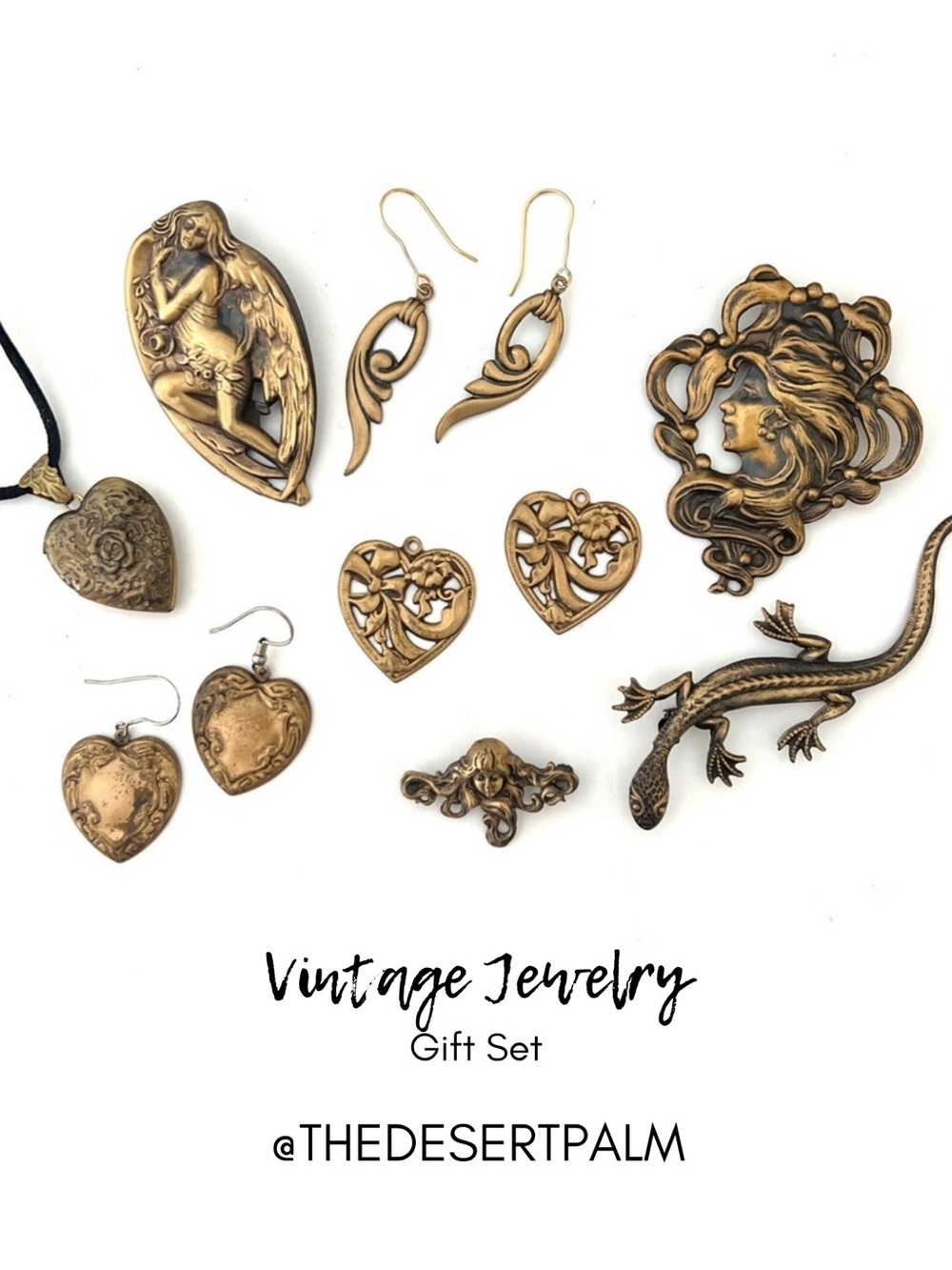 Vintage Brass Jewelry Gift Set Earrings Brooches Necklace